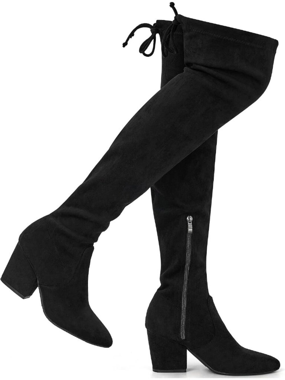 Women's Black Suede Stretch Chunky Heel Fall Over the Knee Thigh High Boots